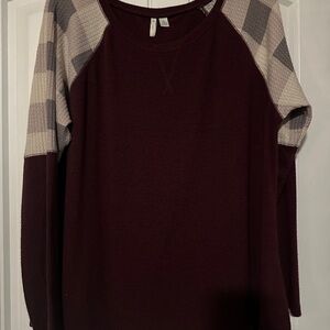 Cato Chic Burgundy Top with Plaid Accents
